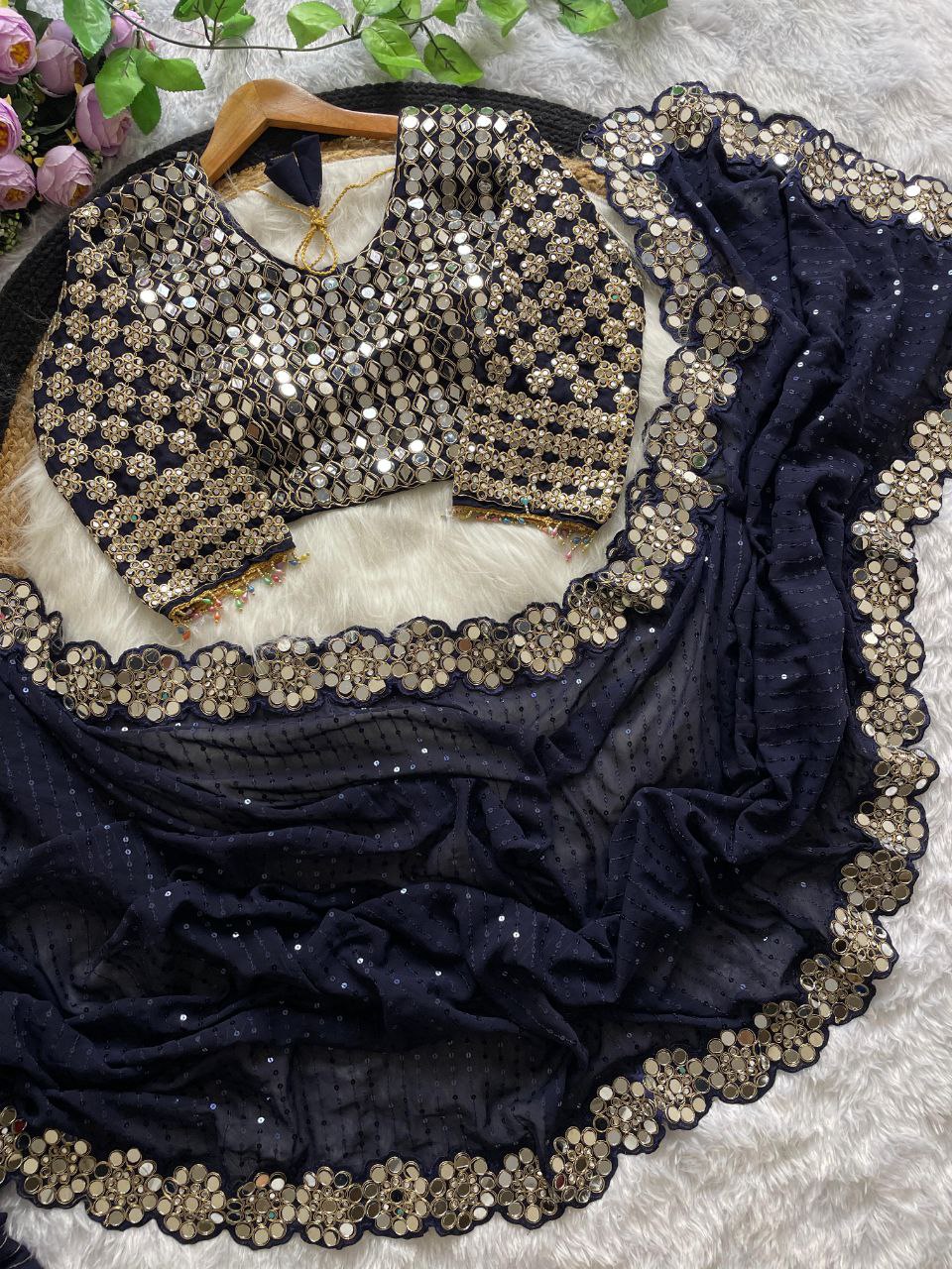 Heavy Faux Georgette Saree with Sequin Work, Mirror Lace Border & Embroidered Blouse