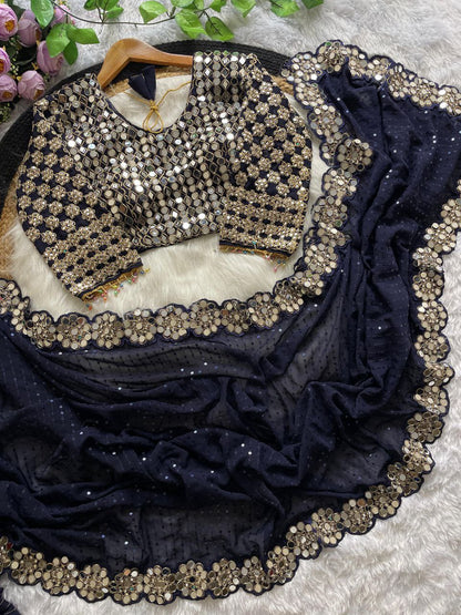 Heavy Faux Georgette Saree with Sequin Work, Mirror Lace Border & Embroidered Blouse