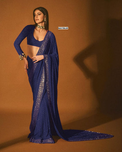 Heavy Quality Faux Georgette Saree with Jari Embroidery & LCD Diamond Mirror Border | 4.4 Mtr Work | Banglori Silk Blouse with Heavy Embroidery & LCD Diamond (Unstitched)