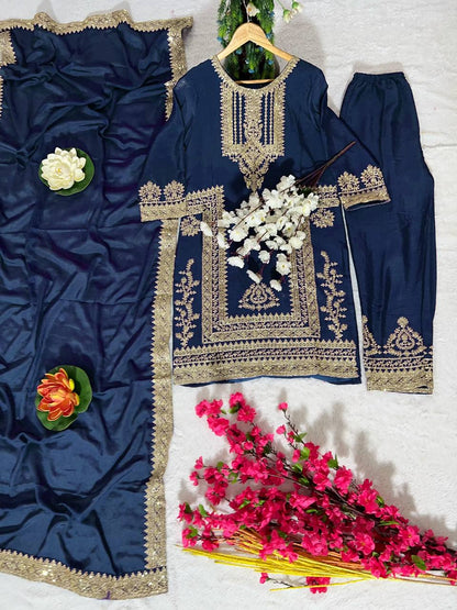 Kurti Pant 3 pcs Pair Embroidered Attractive Party Wear Chinon Silk Fabric Kurti Pair has a Regular-fit