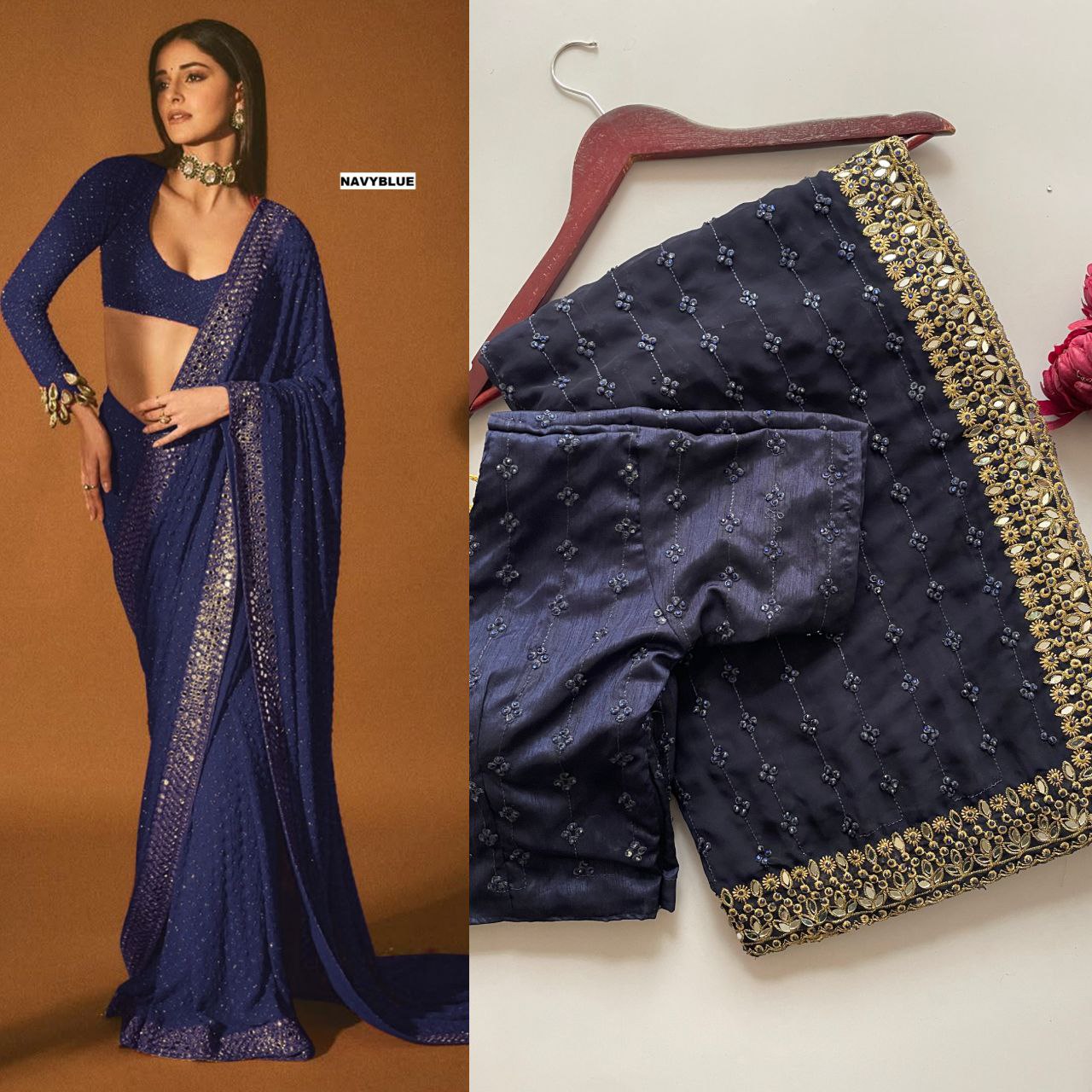 Heavy Quality Faux Georgette Saree with Jari Embroidery & LCD Diamond Mirror Border | 4.4 Mtr Work | Banglori Silk Blouse with Heavy Embroidery & LCD Diamond (Unstitched)