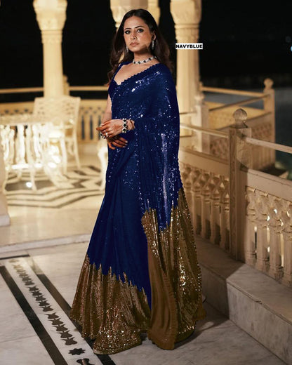 Women’s Georgette Saree with Heavy Dual Sequin Embroidery | Silk Blouse | Cutwork Lace Border | 4.4M Work Done