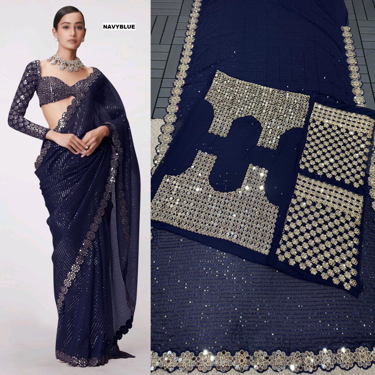 Heavy Faux Georgette Saree with Sequin Work, Mirror Lace Border & Embroidered Blouse