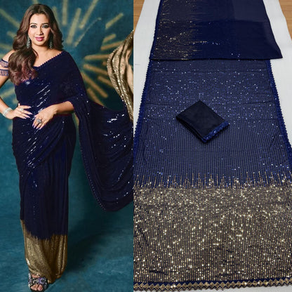 Women’s 60 GSM Georgette Saree with Heavy 5MM & 3MM Dual Sequin Embroidery | Cutwork Lace Border | 4.4M Work Done | Silk Blouse | Party & Festive Wear