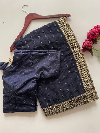 Heavy Quality Faux Georgette Saree with Jari Embroidery & LCD Diamond Mirror Border | 4.4 Mtr Work | Banglori Silk Blouse with Heavy Embroidery & LCD Diamond (Unstitched)