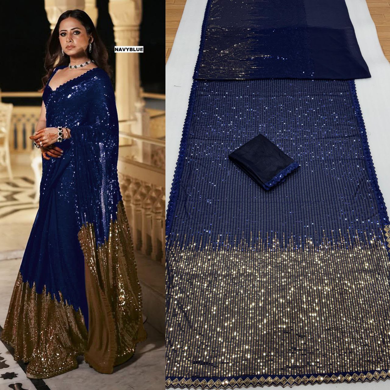 Women’s Georgette Saree with Heavy Dual Sequin Embroidery | Silk Blouse | Cutwork Lace Border | 4.4M Work Done