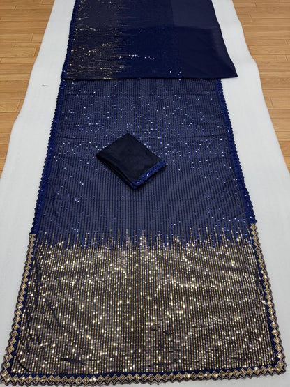 Women’s 60 GSM Georgette Saree with Heavy 5MM & 3MM Dual Sequin Embroidery | Cutwork Lace Border | 4.4M Work Done | Silk Blouse | Party & Festive Wear