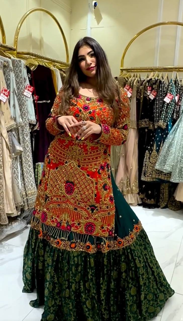 HEAVY FAUX GEORGETTE PRINTED ORANGE-GREEN  LEHENGA WITH TOP