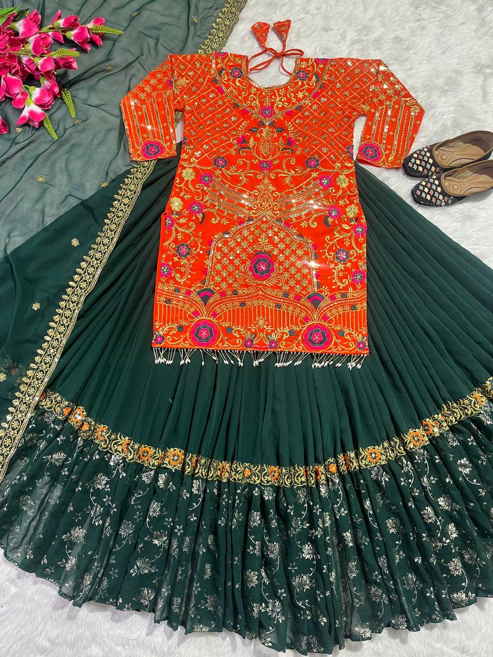 HEAVY FAUX GEORGETTE PRINTED ORANGE-GREEN  LEHENGA WITH TOP