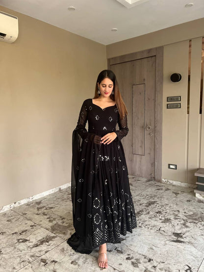 Designer Black Anarkali Suit With Pant and Dupatta Sequence Embroidery Work Dress for Women