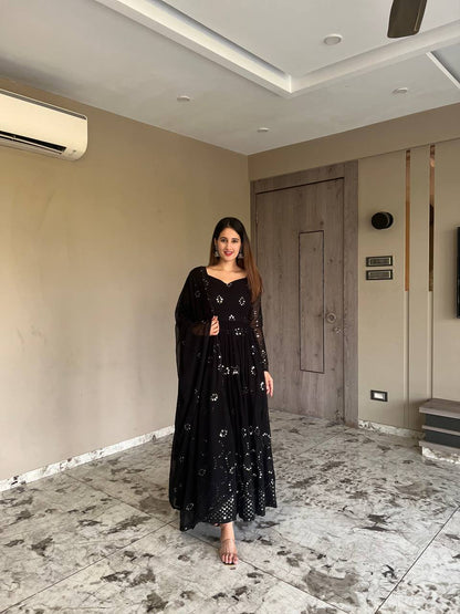 Designer Black Anarkali Suit With Pant and Dupatta Sequence Embroidery Work Dress for Women