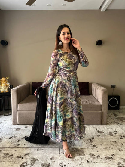Multi Color Digital Print Tebby Organza Anarkali Gown
