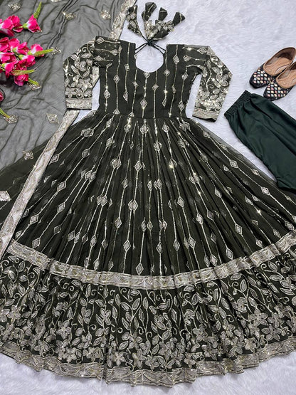Mehendi Color Designer Partywear Gown 5mm Sequins Multi Needle Embroidery Work Full Sleeve With Cotton Pant And Lace Border Embroidery Dupatta