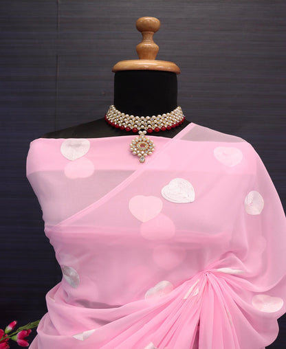 Light Pink Embroidered Georgette Prestitch Exclsuive Bollywood Barbie Look Saree For Womens