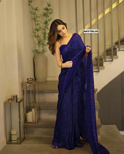New Bollywood Blockbuster 3MM Sequins Georgette Saree with Silk Blouse | Premium Quality Embroidered Lace Border