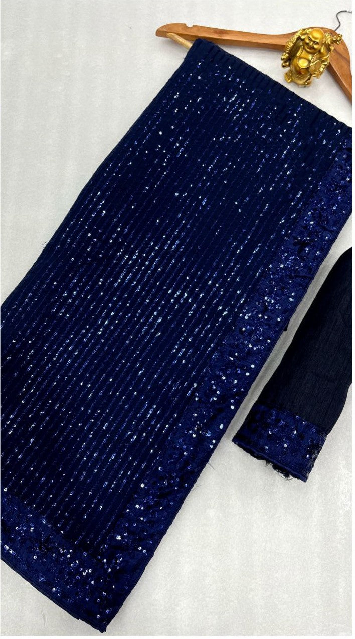 New Bollywood Blockbuster 3MM Sequins Georgette Saree with Silk Blouse | Premium Quality Embroidered Lace Border