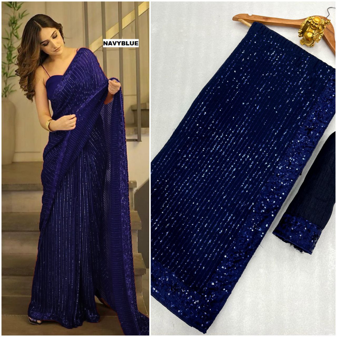 New Bollywood Blockbuster 3MM Sequins Georgette Saree with Silk Blouse | Premium Quality Embroidered Lace Border