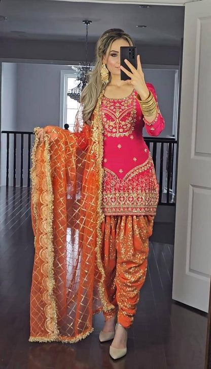 Designer Faux Georgette Dhoti Salwar Suit Set with Sequins Embroidery & Digital Print, Fully Stitched Top & Dupatta for Women