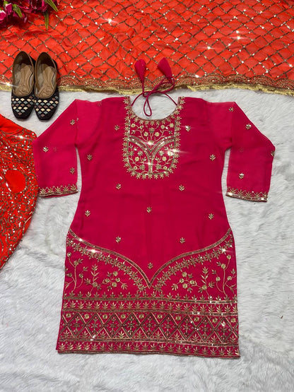 Designer Faux Georgette Dhoti Salwar Suit Set with Sequins Embroidery & Digital Print, Fully Stitched Top & Dupatta for Women