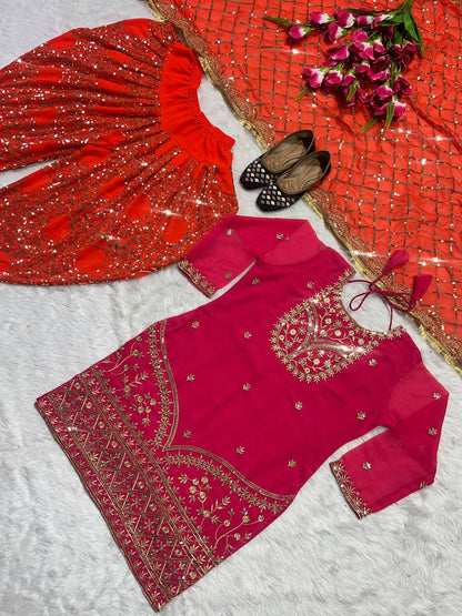 Designer Faux Georgette Dhoti Salwar Suit Set with Sequins Embroidery & Digital Print, Fully Stitched Top & Dupatta for Women