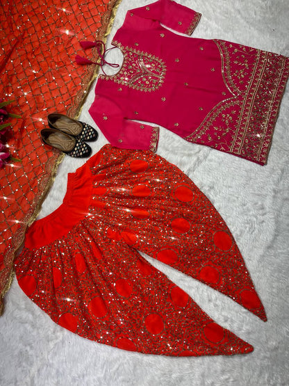 Designer Faux Georgette Dhoti Salwar Suit Set with Sequins Embroidery & Digital Print, Fully Stitched Top & Dupatta for Women