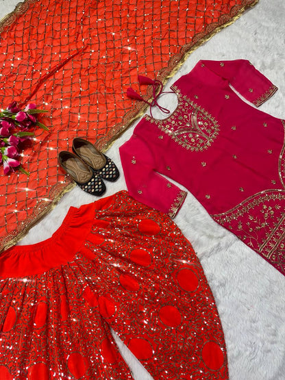 Designer Faux Georgette Dhoti Salwar Suit Set with Sequins Embroidery & Digital Print, Fully Stitched Top & Dupatta for Women