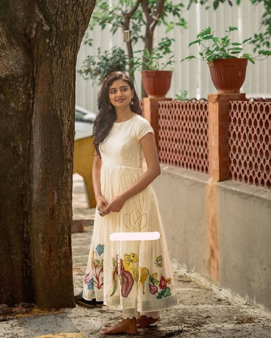 Creme South Indian Gown With Kalamkari Print in Chent Crepe Ready to Wear