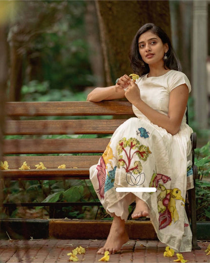 Creme South Indian Gown With Kalamkari Print in Chent Crepe Ready to Wear