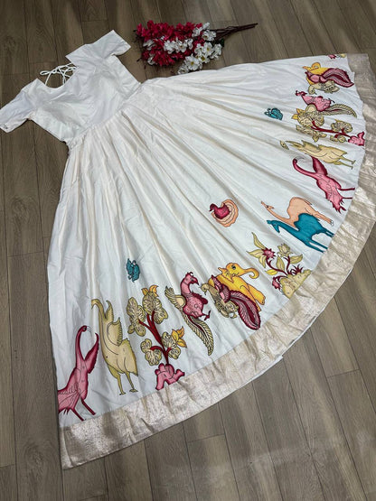 Creme South Indian Gown With Kalamkari Print in Chent Crepe Ready to Wear