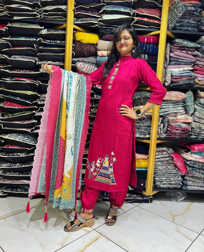 Womans Casual Wear Color Thread Work Kurti Pant With Dupatta