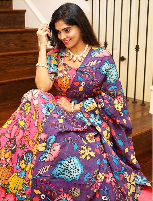 Pink Fancy Kalamkari Print Lehenga Choli With Blue Dupatta