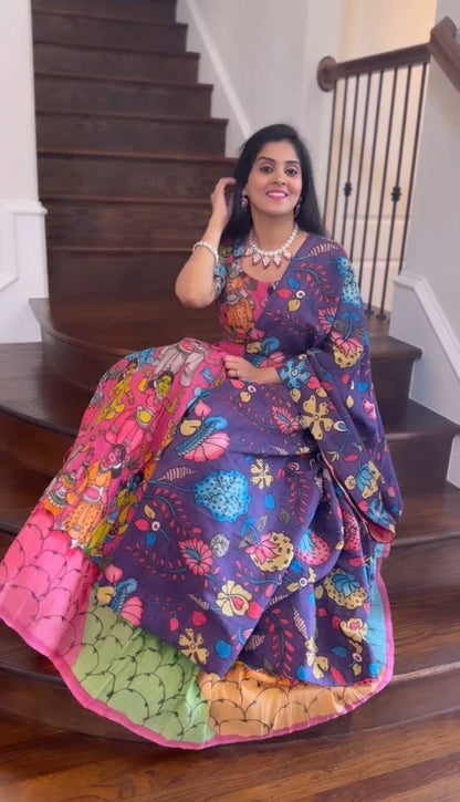 Pink Fancy Kalamkari Print Lehenga Choli With Blue Dupatta