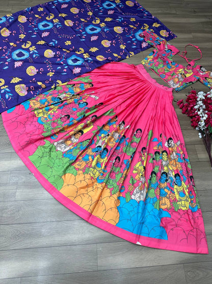 Pink Fancy Kalamkari Print Lehenga Choli With Blue Dupatta
