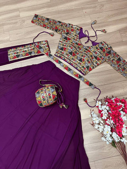 Wine Designer Georgette Embroidery Work Blouse plazzo With Belt And Purse