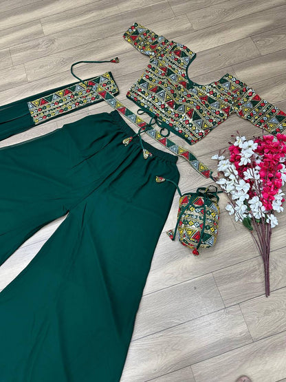 Green Designer Georgette Embroidery Work Blouse plazzo With Belt And Purse