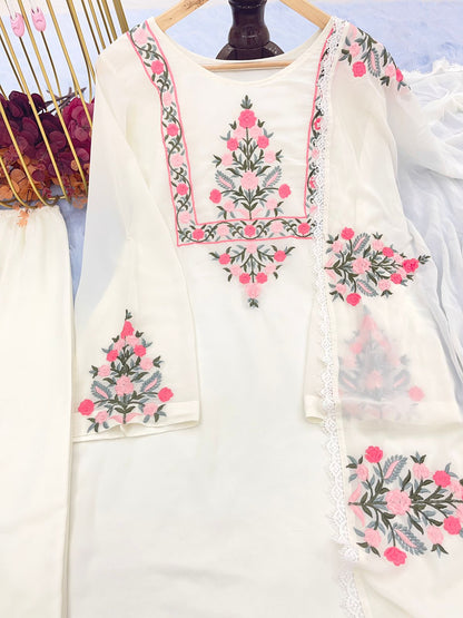 Indian Designer Women Embroidery Work Georgette Salwar Kameez, Beautiful Women White Kurti With Pant & Dupatta