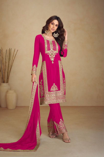 Kurti Pant 3 pcs Pair Embroidered Attractive Party Wear Chinon Silk Fabric Kurti Pair has a Regular-fit