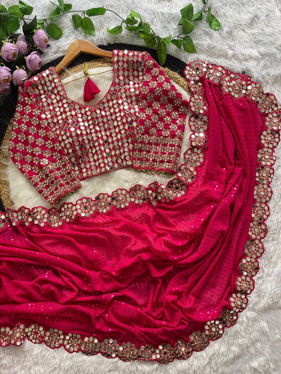 Heavy Faux Georgette Saree with Sequin Work, Mirror Lace Border & Embroidered Blouse