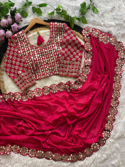 Heavy Faux Georgette Saree with Sequin Work, Mirror Lace Border & Embroidered Blouse