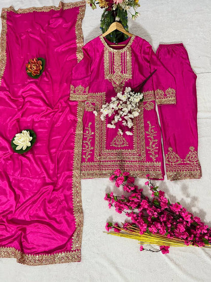 Kurti Pant 3 pcs Pair Embroidered Attractive Party Wear Chinon Silk Fabric Kurti Pair has a Regular-fit