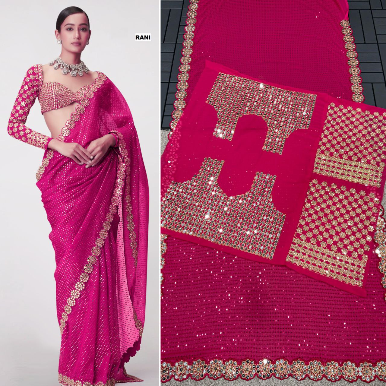 Heavy Faux Georgette Saree with Sequin Work, Mirror Lace Border & Embroidered Blouse