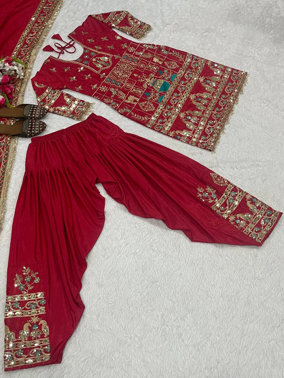 Women’s Natural Crepe Embroidered Dhoti Set with Dupatta | Sequence Work | Fully Stitched Top & Dhoti Style Bottom | Festive & Party Wear