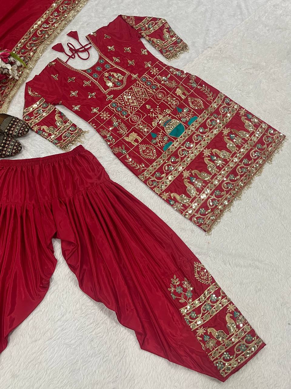 Women’s Natural Crepe Embroidered Dhoti Set with Dupatta | Sequence Work | Fully Stitched Top & Dhoti Style Bottom | Festive & Party Wear