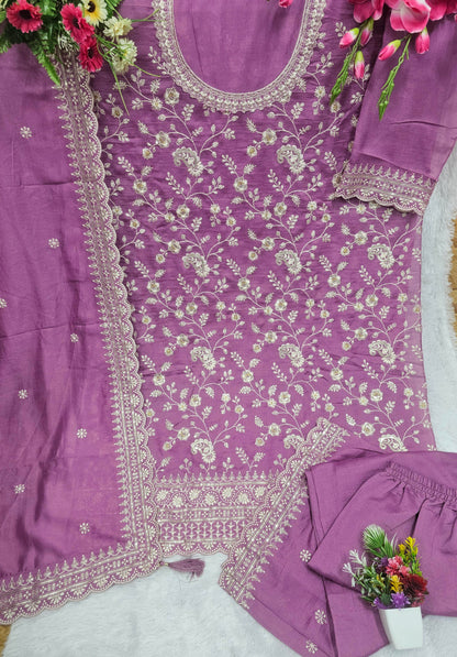 Attractive Vichitra Silk Sequence Embroidery Multi Purpose Semi-Stitched Pakistani Sharara Suit Material