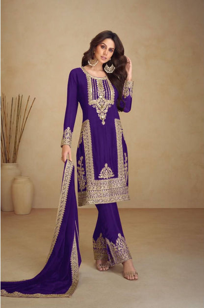 Kurti Pant 3 pcs Pair Embroidered Attractive Party Wear Chinon Silk Fabric Kurti Pair has a Regular-fit