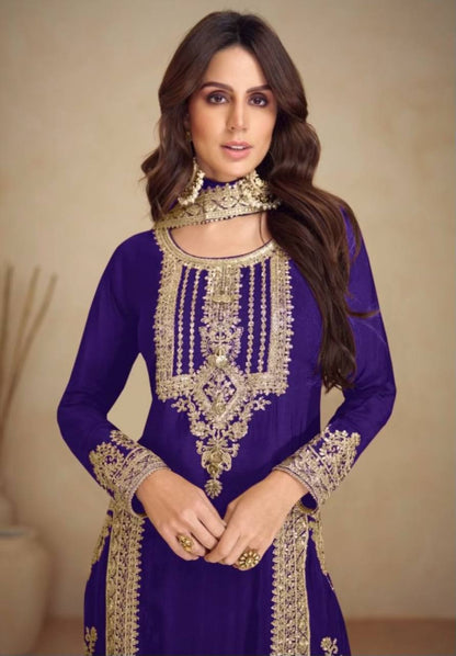 Kurti Pant 3 pcs Pair Embroidered Attractive Party Wear Chinon Silk Fabric Kurti Pair has a Regular-fit