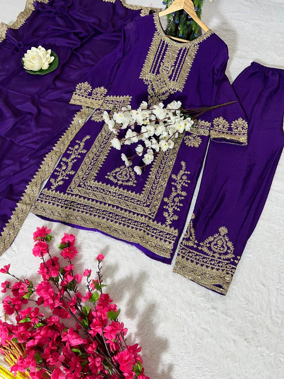 Kurti Pant 3 pcs Pair Embroidered Attractive Party Wear Chinon Silk Fabric Kurti Pair has a Regular-fit