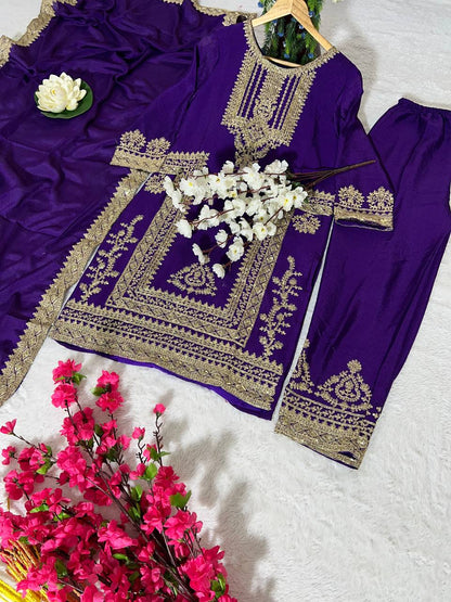 Kurti Pant 3 pcs Pair Embroidered Attractive Party Wear Chinon Silk Fabric Kurti Pair has a Regular-fit