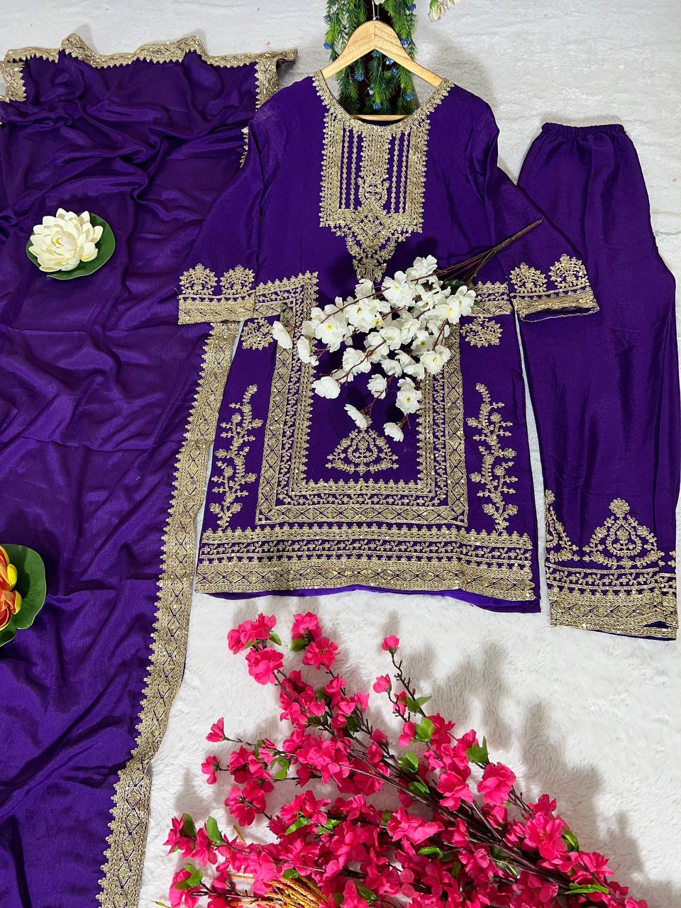 Kurti Pant 3 pcs Pair Embroidered Attractive Party Wear Chinon Silk Fabric Kurti Pair has a Regular-fit