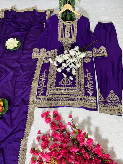 Kurti Pant 3 pcs Pair Embroidered Attractive Party Wear Chinon Silk Fabric Kurti Pair has a Regular-fit